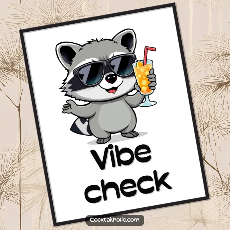 Funny raccoon wearing sunglasses, holding a cocktail with a smirk, as a digital art print, for vibrant decor.