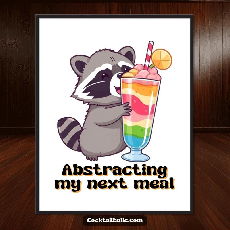 Funny raccoon digital art print, a humorous illustration of a raccoon reaching out to grasp a tempting colorful layered drink.