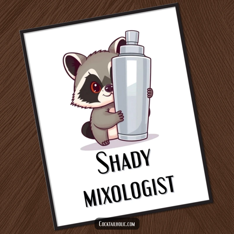 Funny digital art print of a mischievous raccoon peeking from a giant cocktail shaker, full of playful intrigue and humor.