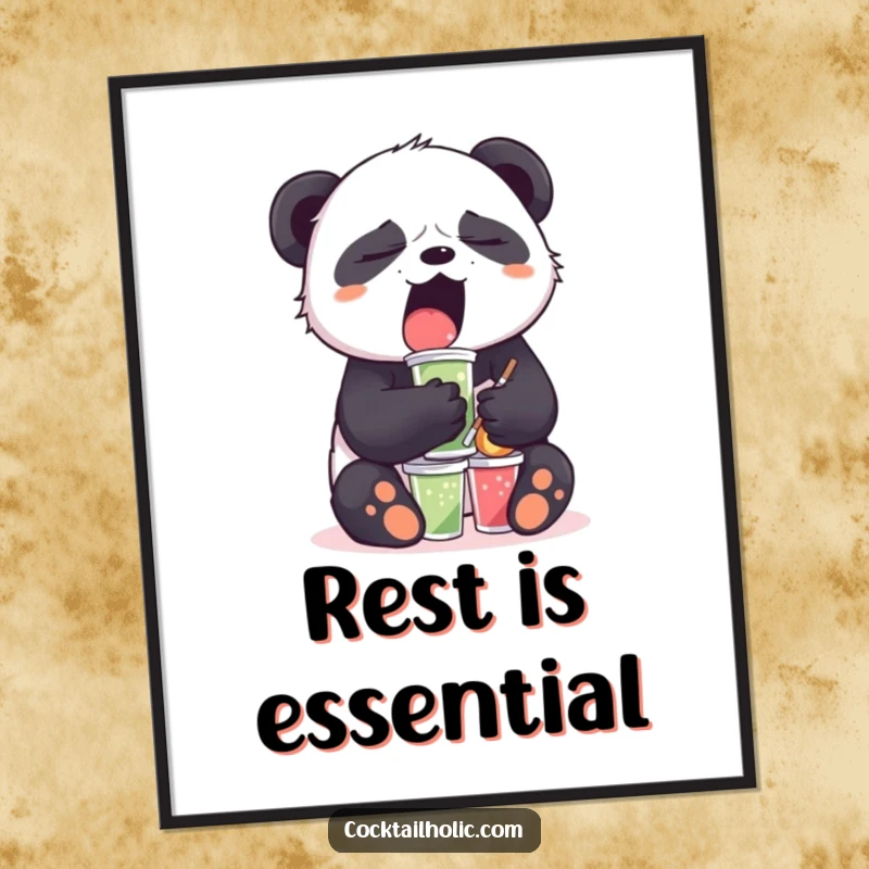 Funny Sleepy Panda Digital Art: A yawning panda balances mini drinks, offering downloadable humor and a relaxed, charming vibe.