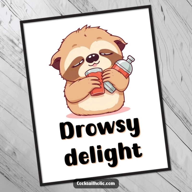 Funny Digital Art Print of a cute, drowsy sloth character propped up with a small stuffed cocktail shaker, offering instant relaxation.