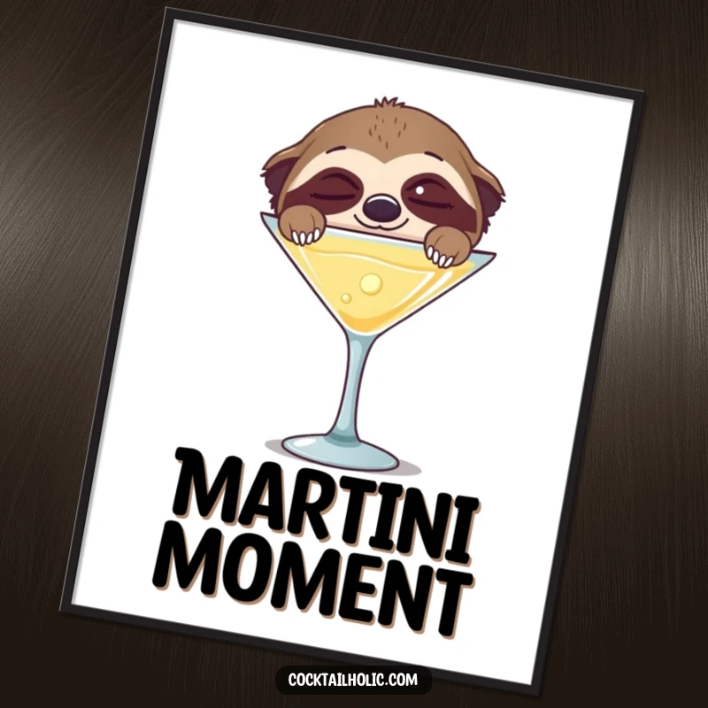 Funny digital art print of a sleepy sloth with wide, happy eyes peeking over a giant martini glass.