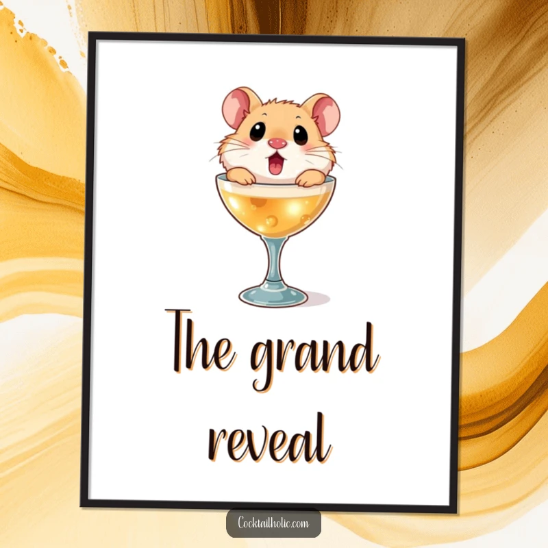 Funny hamster digital art print, depicting a surprised hamster popping out of a miniature cocktail glass, for humorous wall art.