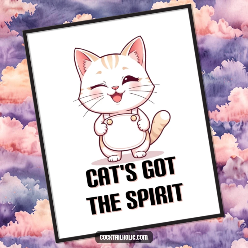 Funny winking cat bartender digital art print, instant humorous wall decor featuring a charming feline.