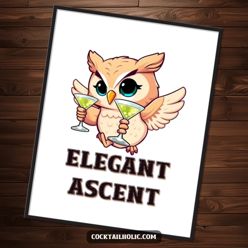 Funny digital art print of a winking owl character soaring with a martini, perfect for sophisticated wall decor.
