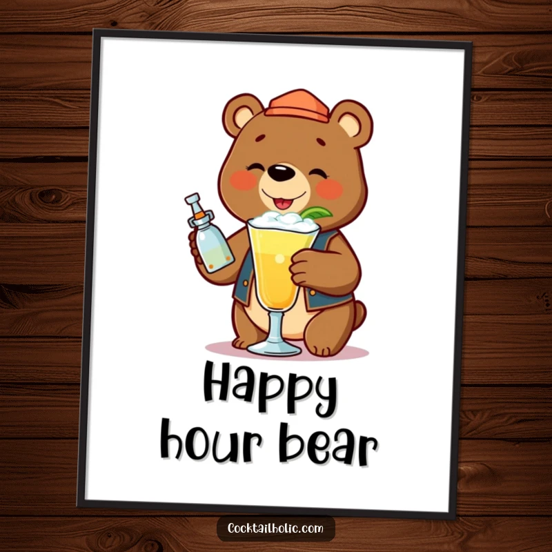 Funny bear bartender cheerfully shaking a frothy cocktail, as a digital art print.