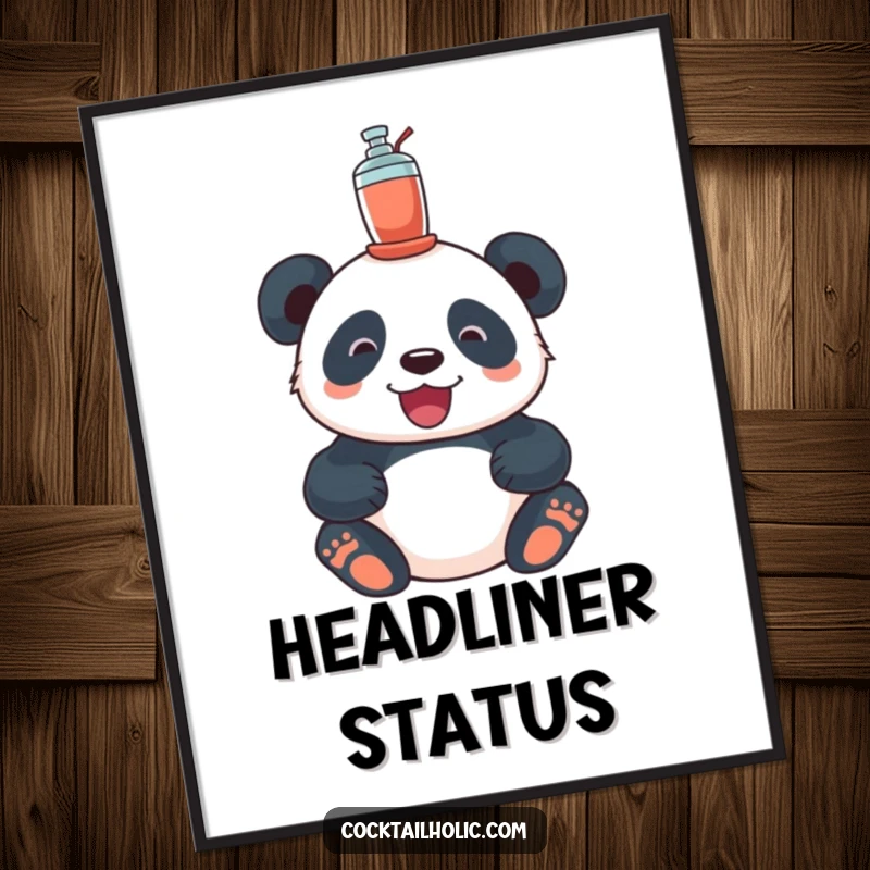 Funny panda digital art print, depicting a delighted panda perfectly balancing a miniature cocktail shaker on its head.