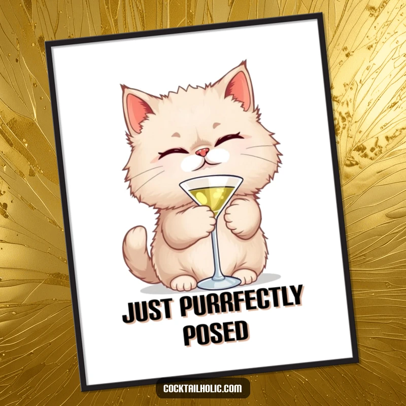 Funny Cat Martini Digital Art: A fluffy cat winks holding a martini, offering downloadable humor and stylish wall decor.