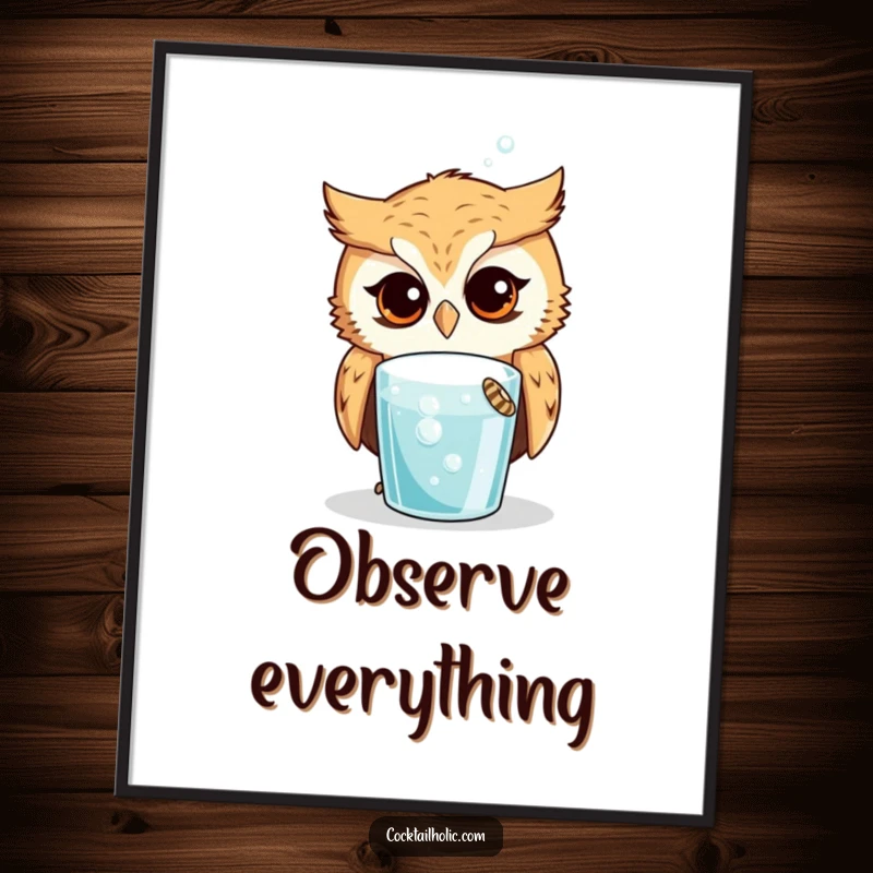 Funny Owl Digital Art Print: Curious owl looking intently at a bubbling drink, instant download for intriguing and humorous wall decor.