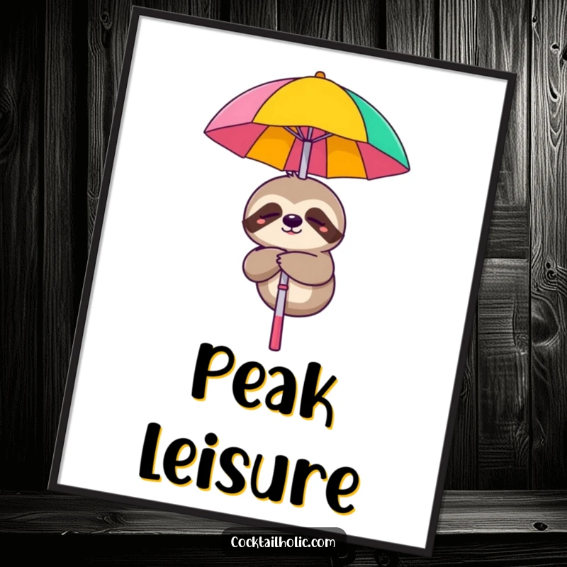 Funny digital art print of a sleepy sloth smiling while dangling from a cocktail umbrella, perfect for relaxed decor.