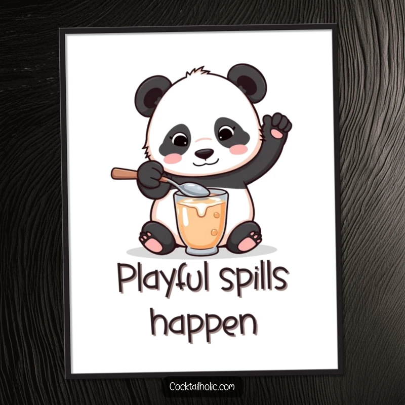 Funny digital art print of a playful panda bear with a comically oversized spoon, mixing a drink and spilling a little.