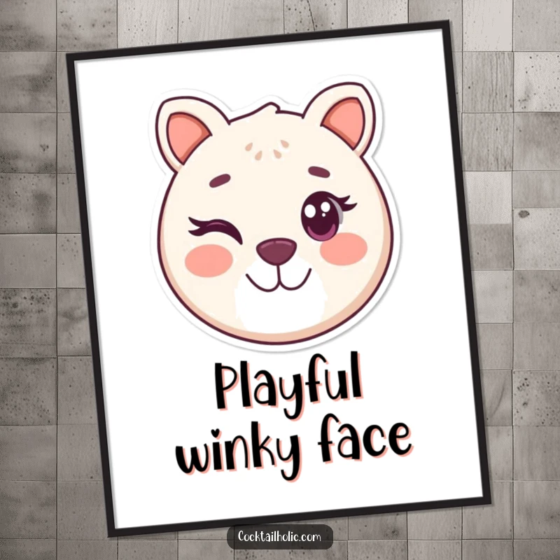 Funny digital art print of a round, smiling animal face winking playfully, perfect for cheerful wall decor.