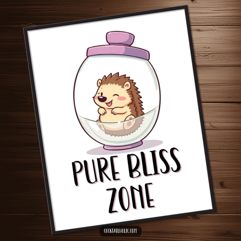 Funny hedgehog digital art print, captured mid-giggle inside a cocktail shaker, offering a burst of humorous energy.
