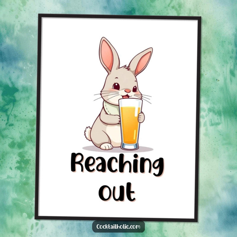 Funny bunny rabbit wearing a bib, trying to drink from a ridiculously tall glass, as a digital art print.