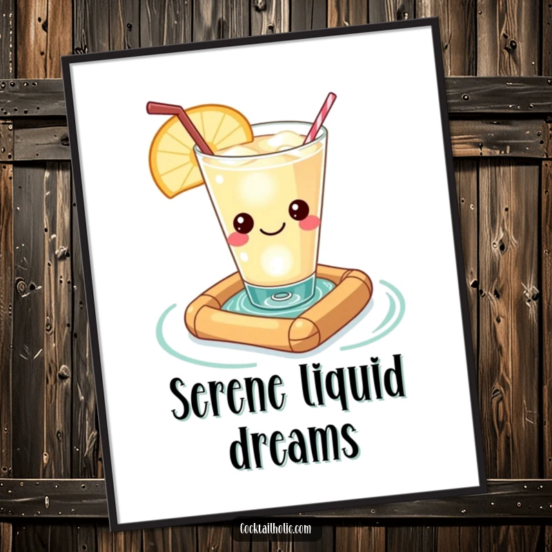 Funny Kawaii cocktail glass with a contented smile, floating on a miniature raft, serene and humorous digital art.