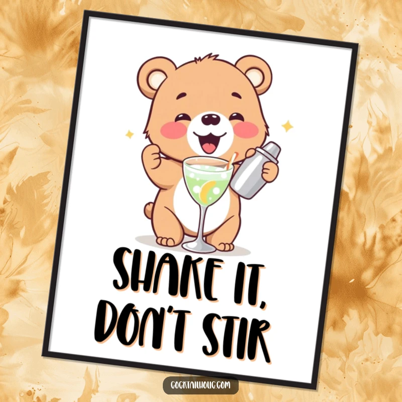 Funny bear cub digital art print gleefully shaking a cocktail shaker, instant humorous wall art for download.