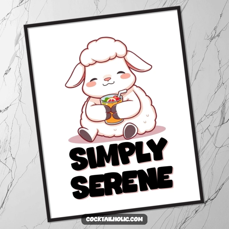 Funny Sheep Digital Art Print: Contented sheep relaxing with a fruity beverage, instant download for serene and humorous wall decor.