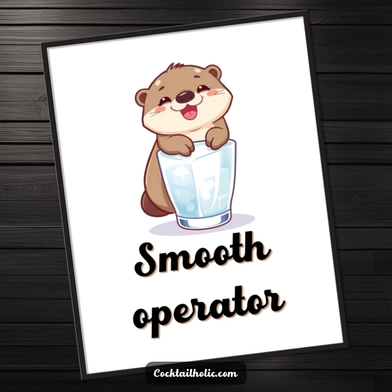 Funny otter grinning widely, sliding down an ice cube into a glass, as a digital art print.