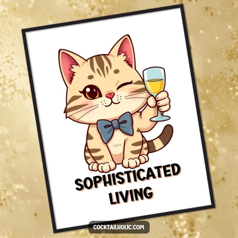 Funny cat wearing a bow tie, raising a glass with a confident wink, as a digital art print.