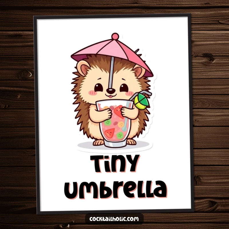 Funny Digital Art Print of a cheerful hedgehog balancing a tiny umbrella in a fruity drink, bringing instant tropical happiness.