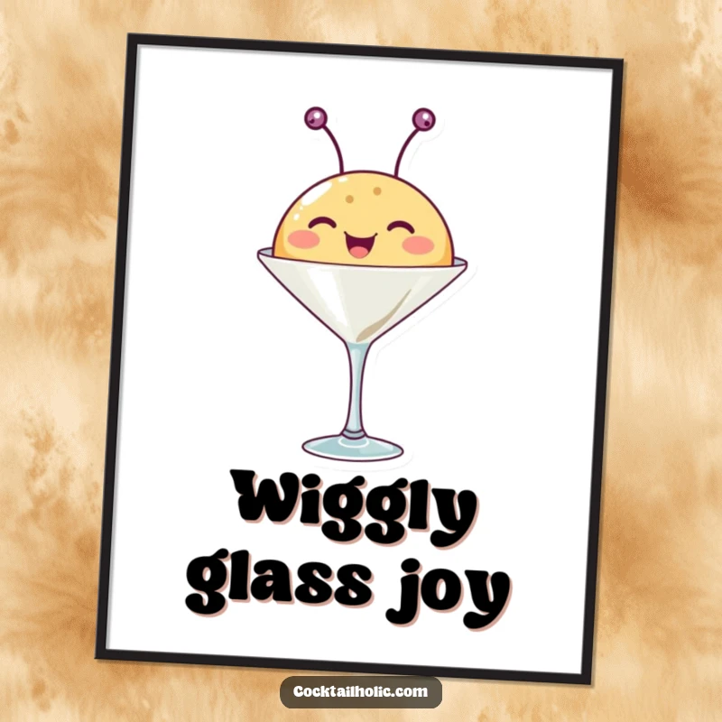 Funny digital art print of a happy, round creature with antennae wiggling from a martini glass, perfect party decor.