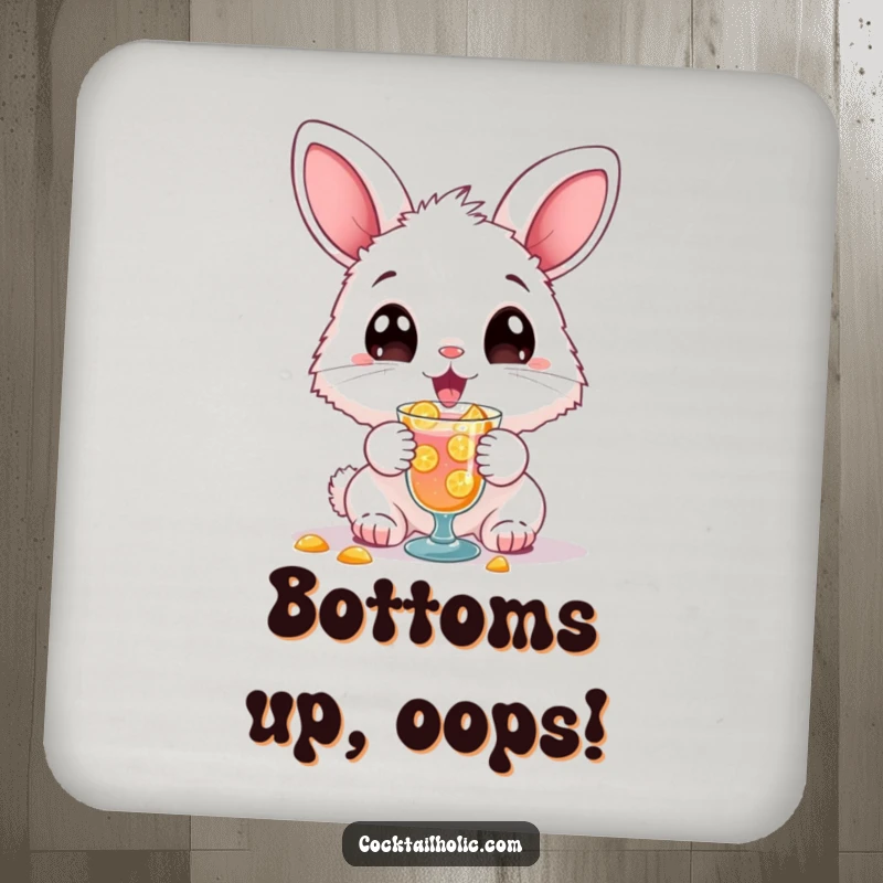 Funny drink coaster featuring a fluffy bunny spilling a cocktail, protecting surfaces with humorous charm.