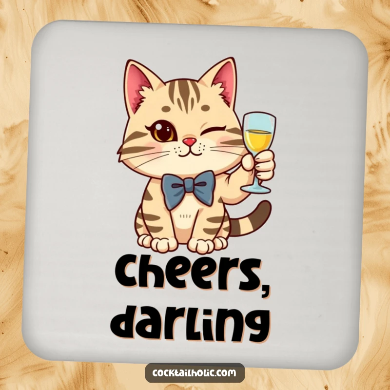 Funny stylish cat wearing a bow tie, raising a glass with a wink, on a drink coaster.