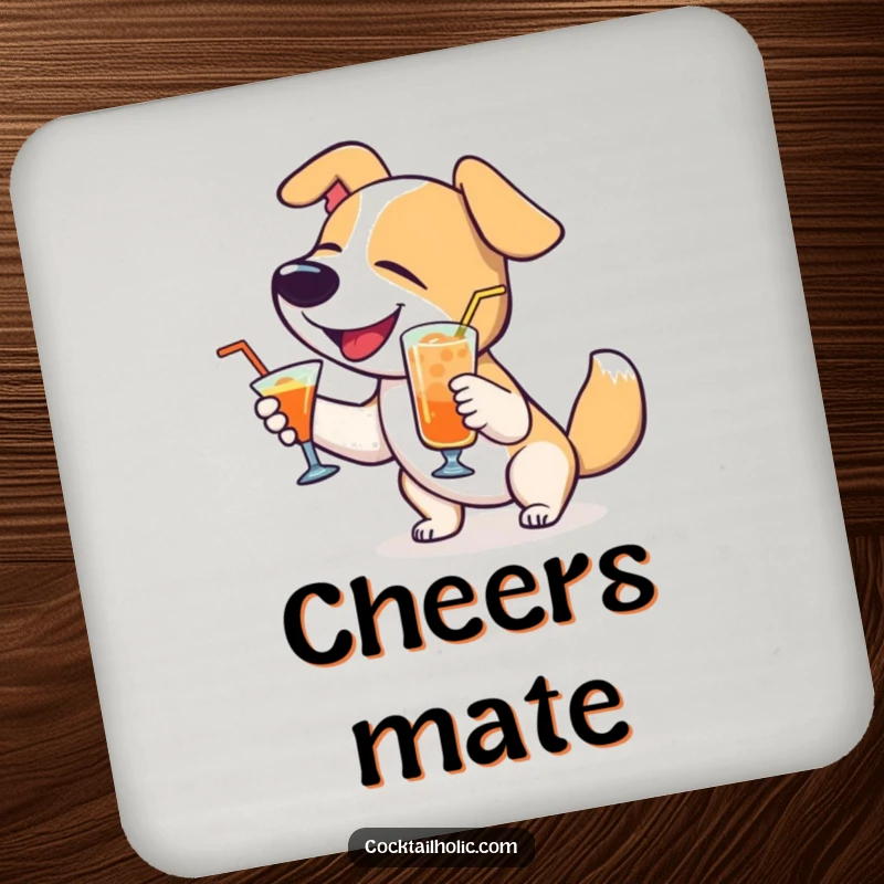 Funny Dog Coasters: Delighted dog wagging tail with a cocktail, protecting surfaces with happy and humorous flair.