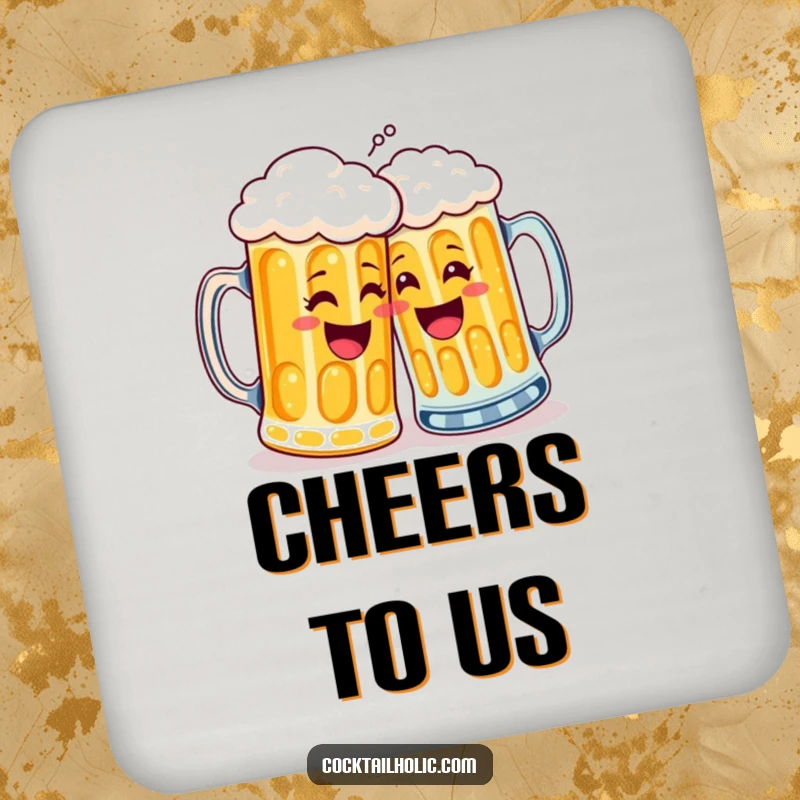 Funny drink coaster featuring two beer mugs high-fiving, a humorous accessory for any table, protecting surfaces with style.