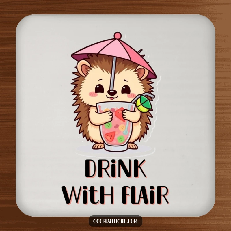 Funny Drink Coaster showcasing a cheerful hedgehog balancing a miniature umbrella inside a fruity drink, protecting your furniture with style.