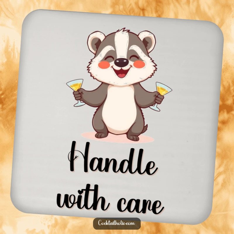 Funny badger cocktail coaster showing a happy badger character juggling three miniature glasses, protecting surfaces with humor.