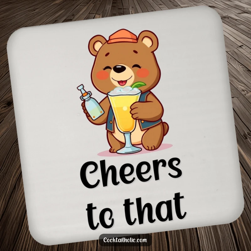 Funny bear bartender shaking a frothy cocktail, on a protective drink coaster.