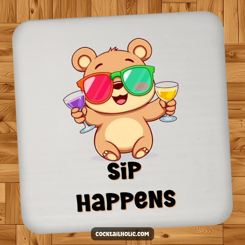 Funny Drink Coaster showcasing a rosy-cheeked cartoon bear skillfully juggling colorful cocktail glasses, adding a humorous touch to any surface.