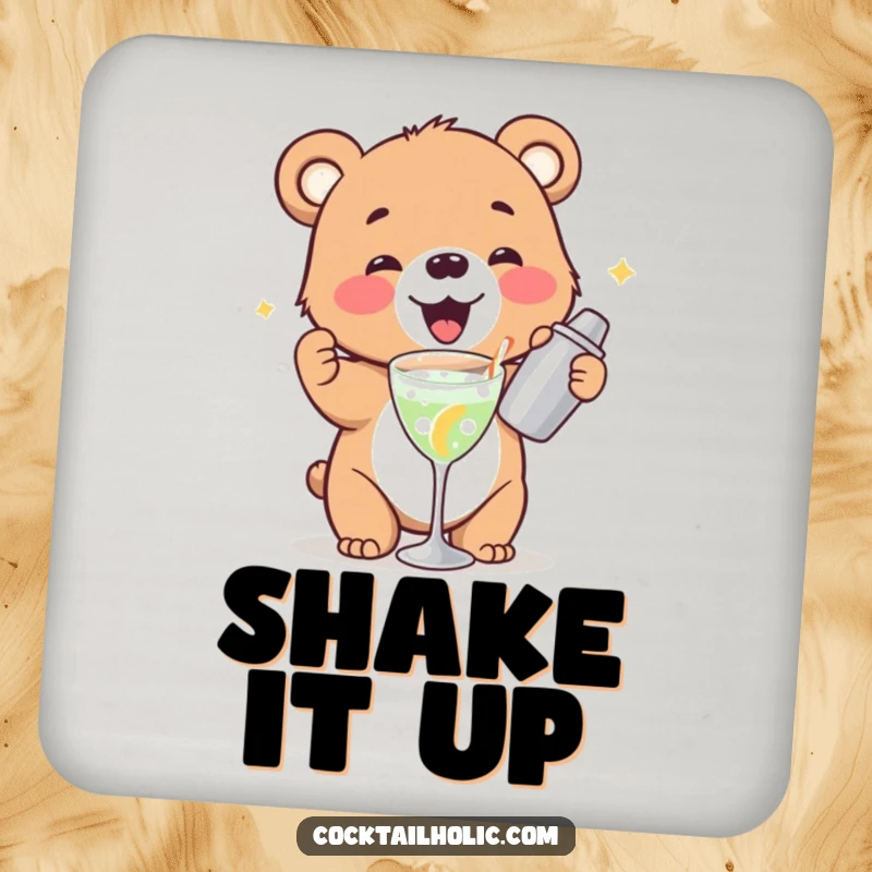 Funny bear cub drink coasters gleefully shaking a cocktail shaker, a humorous and practical home accessory.