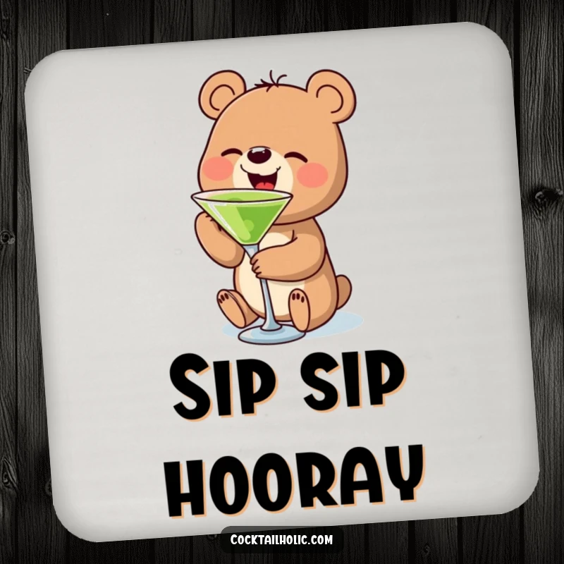 Funny bear martini coaster showing a small bear character sipping a tiny martini, protecting surfaces with humor.