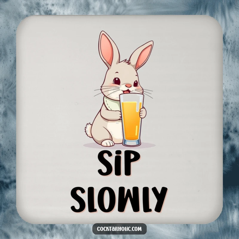 Funny bunny rabbit wearing a bib, attempting to drink from a very tall glass, on a coaster.