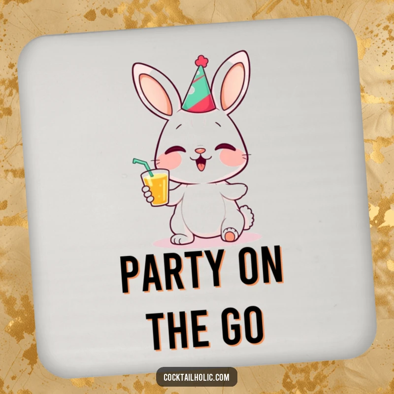 Funny bunny party coaster showing a giggling bunny wearing a party hat and holding a drink, protecting surfaces with humor.