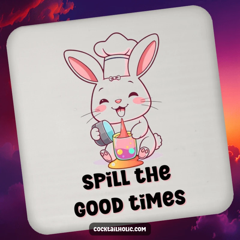Funny drink coasters depicting a bunny chef spilling colorful liquid from a shaker, perfect for kitchen tables.