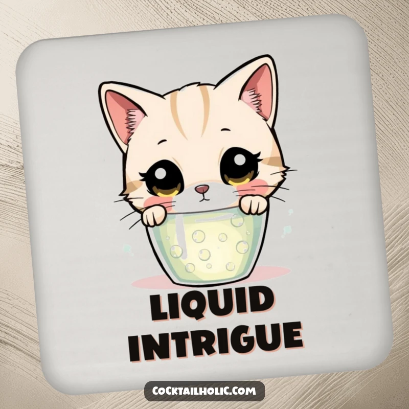 Funny cat drink coaster, featuring a curious cat peering at a glass of bubbly liquid, protecting your surfaces stylishly.