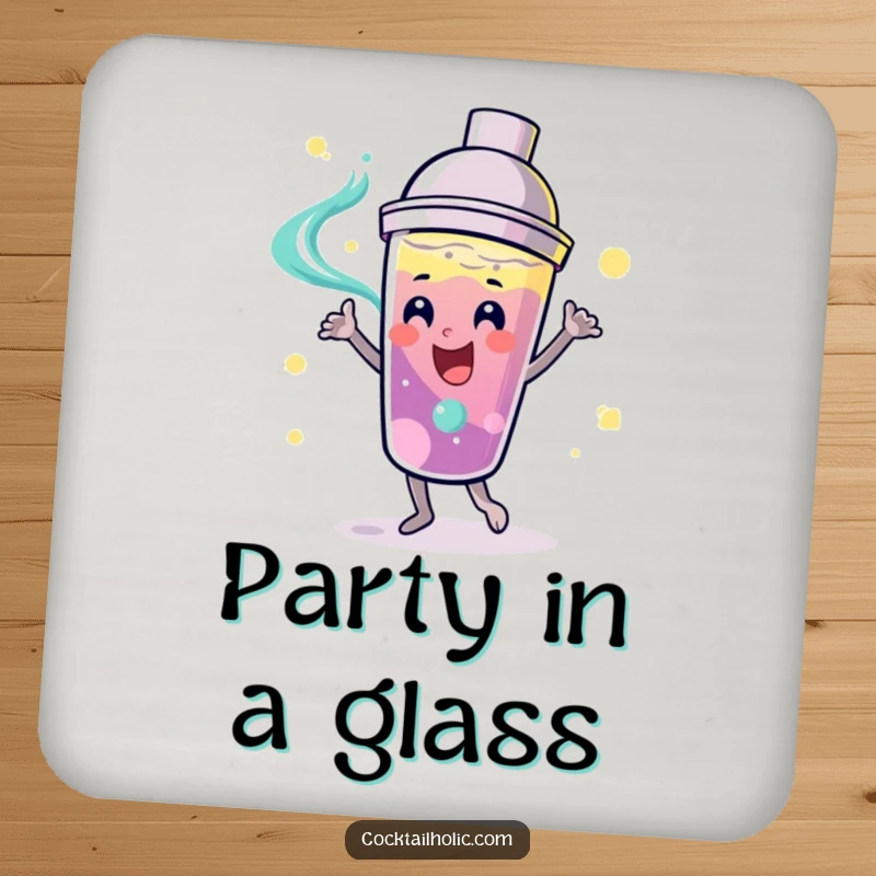 Funny playful cocktail shaker with a smiling face, dancing with swirling liquid on a drink coaster, perfect for bar tops.