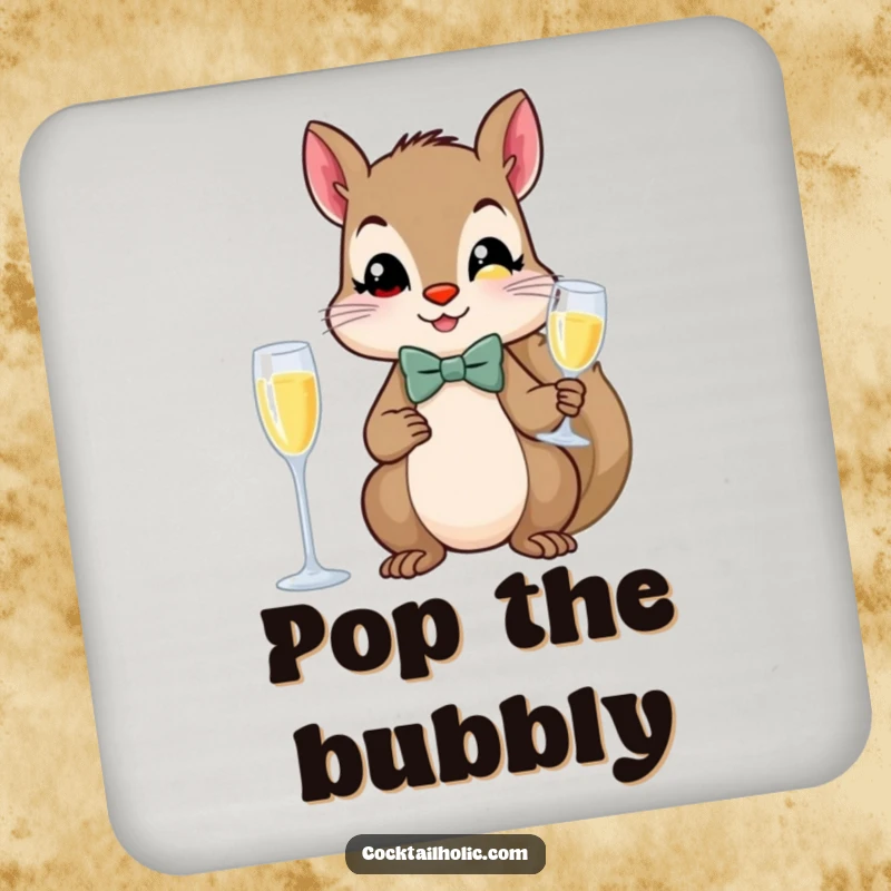 Funny squirrel in a bow tie, holding a champagne flute, on a protective drink coaster.