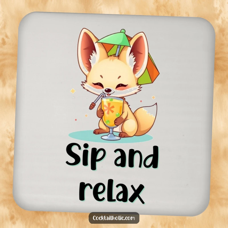 Funny fennec fox drink coasters happily sipping from a colorful drink umbrella, a humorous and practical accessory.