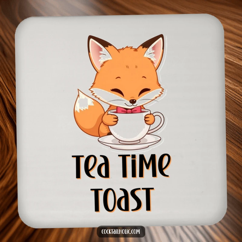 Funny drink coaster featuring a playful fox in a bow tie sipping tea, adding sophisticated humor.