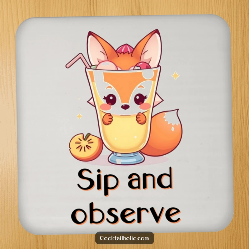 Funny fox drink coasters with a shy character peeking behind a giant cocktail, protecting surfaces with subtle humor.