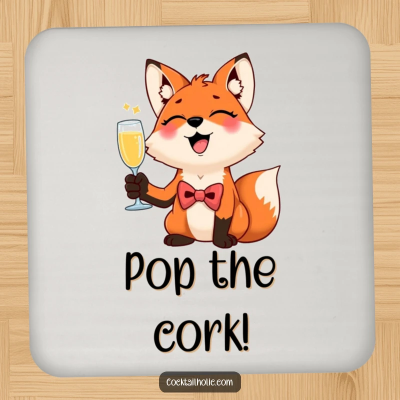 Funny Giggling Fox Coasters: A dapper fox giggles raising a champagne flute, adding sophisticated humor and surface protection.