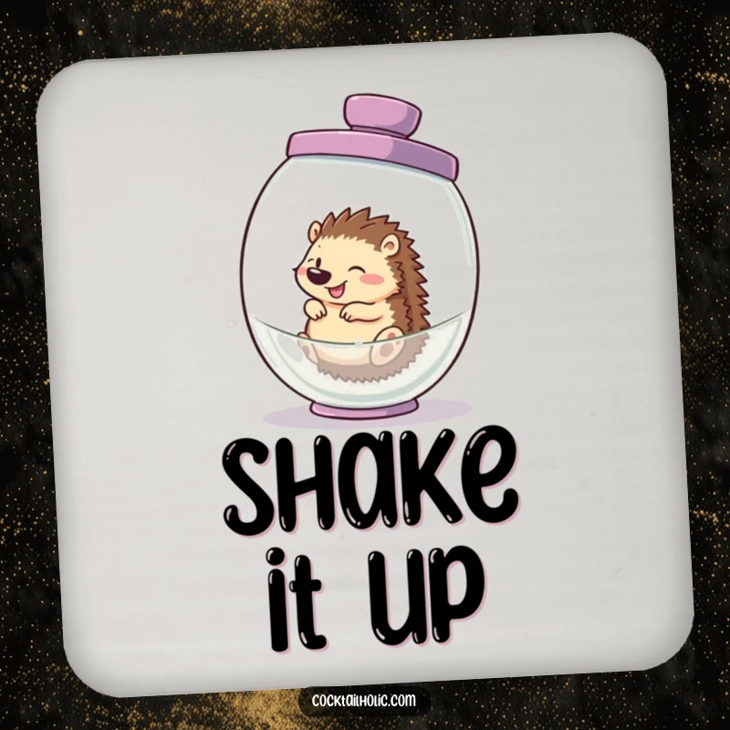 Funny hedgehog drink coaster, humorously crammed into a cocktail shaker, a delightful guardian against drink rings.