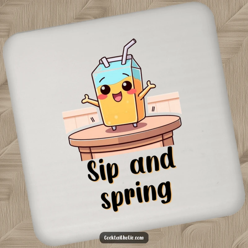 Funny drink coaster depicting a juice box with a straw leaping off a table, adding a fun and energetic touch to surfaces.