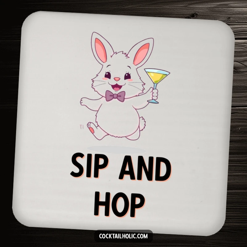 Funny coasters featuring a fluffy white bunny in a bowtie, gleefully hopping with a miniature martini glass, adding chic protection to tabletops.