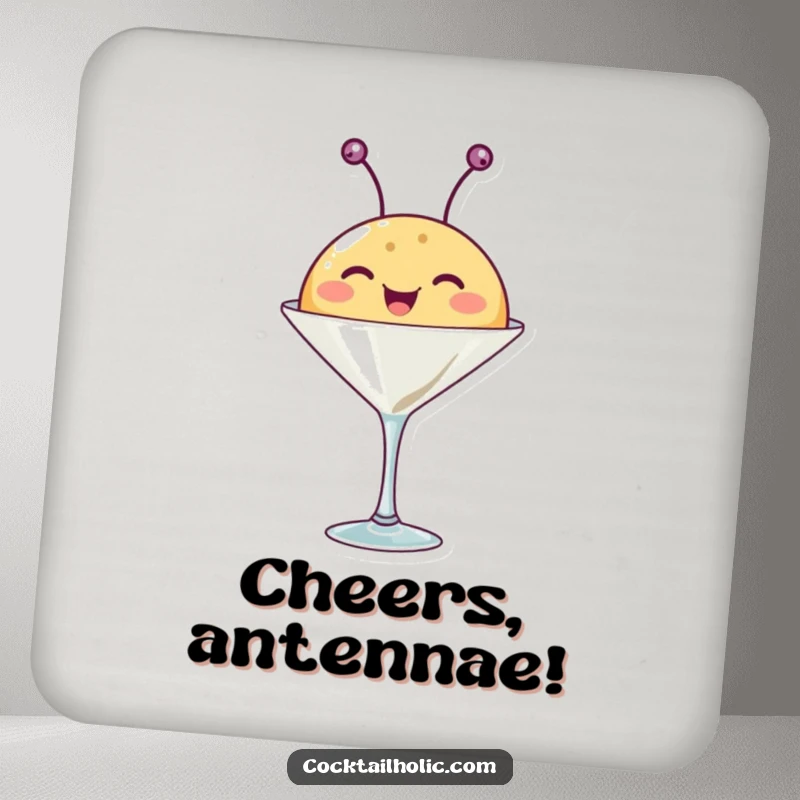 Funny drink coaster with a happy, round creature with antennae wiggling from a martini glass, adding festive humor.
