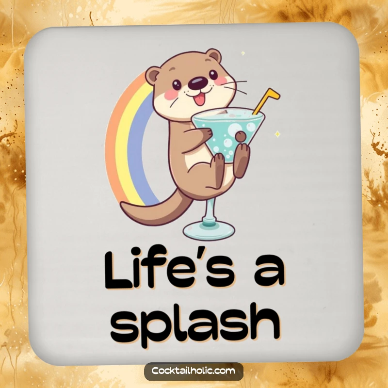 Playful otter character sliding down a rainbow into a bubbly cocktail glass, depicted on a protective drink coaster.